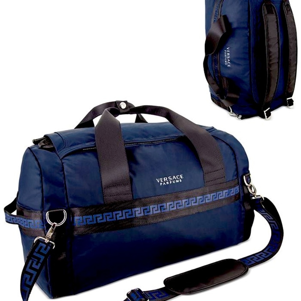 I’m selling a blue Versace duffel bag that u can turn into a backpack.